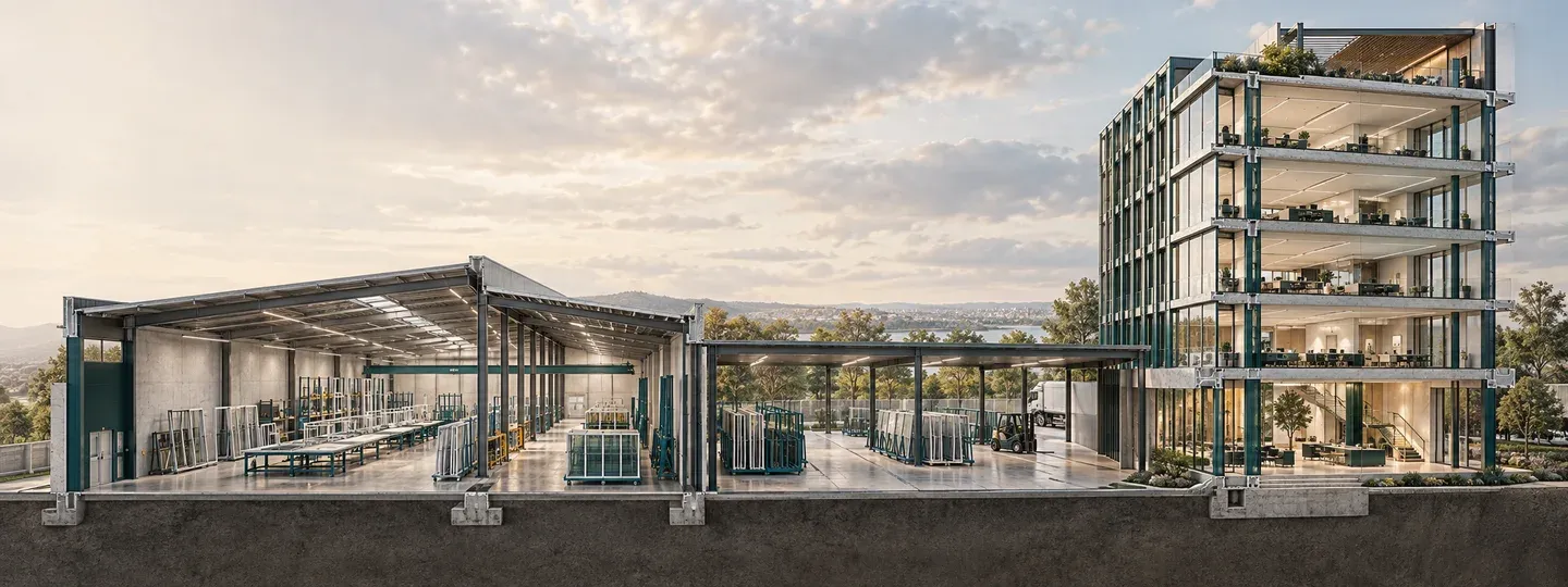 A fabrication hall, dispatch yard and glazed building connected in one architectural scene
