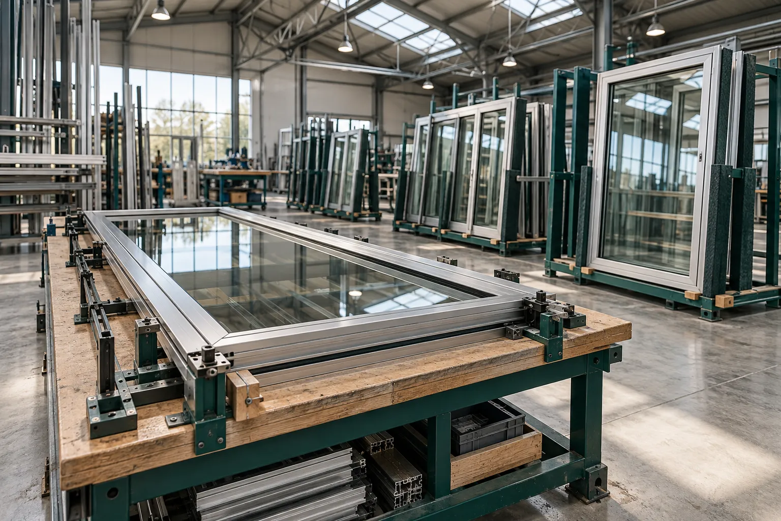 Commercial window frames progressing through a fabrication bay
