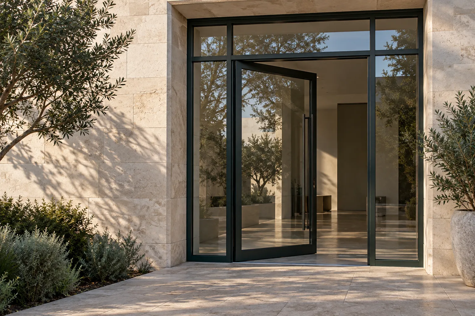 Storefront entrance with glazed doors and adjacent retail bays