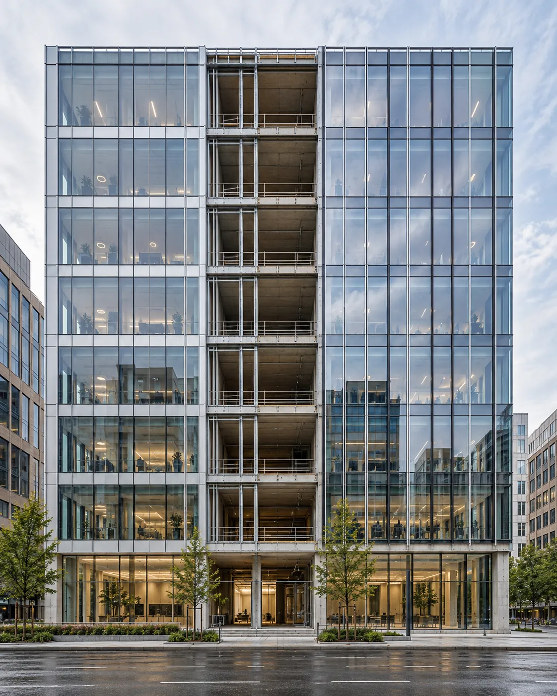 Curtain-wall elevation with installed glazing and open bays