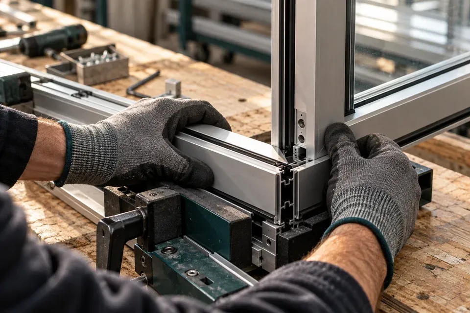 Gloved hands align an aluminium frame at a fabrication fixture