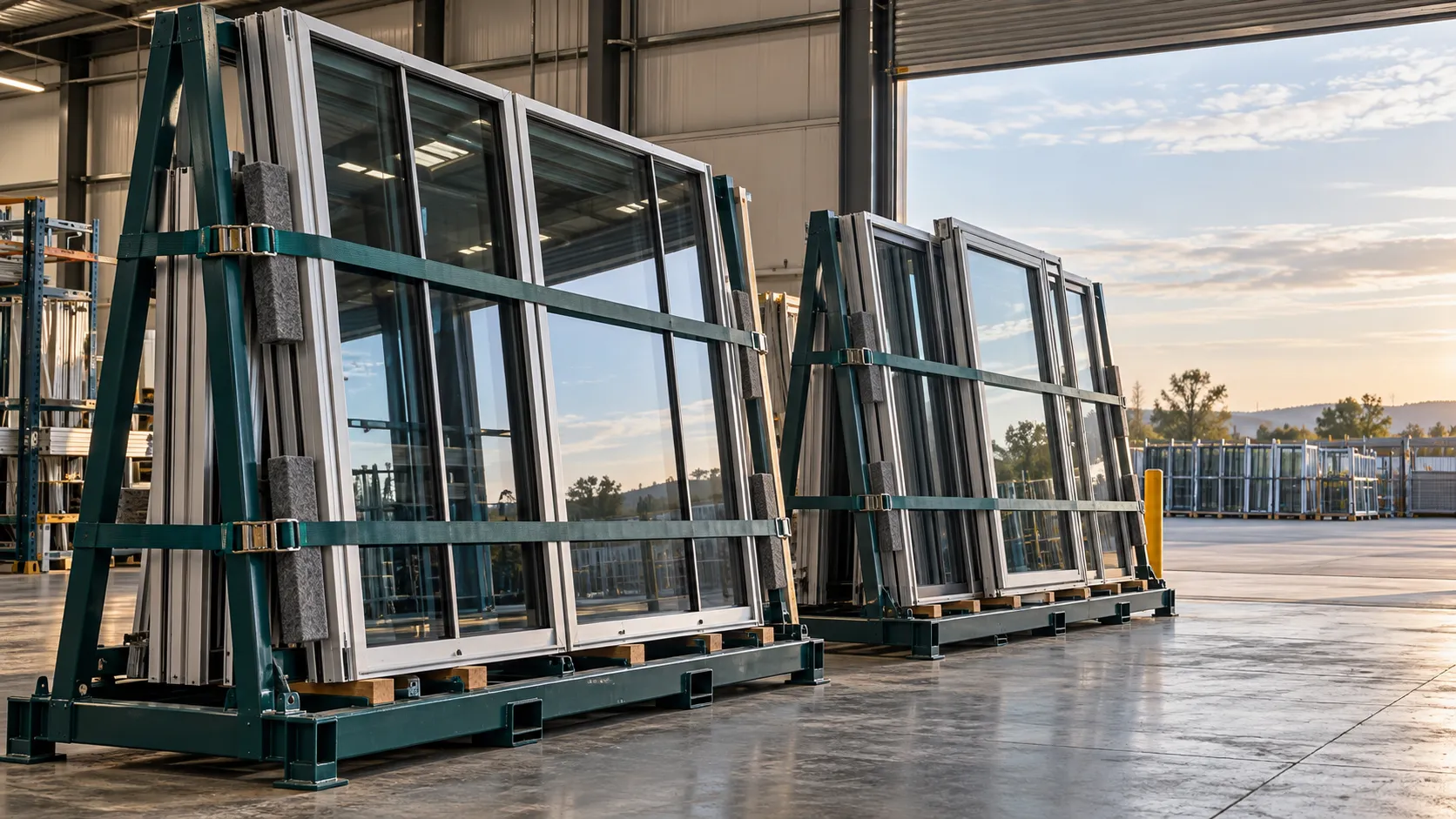 Glazing racks ready at the factory dispatch threshold