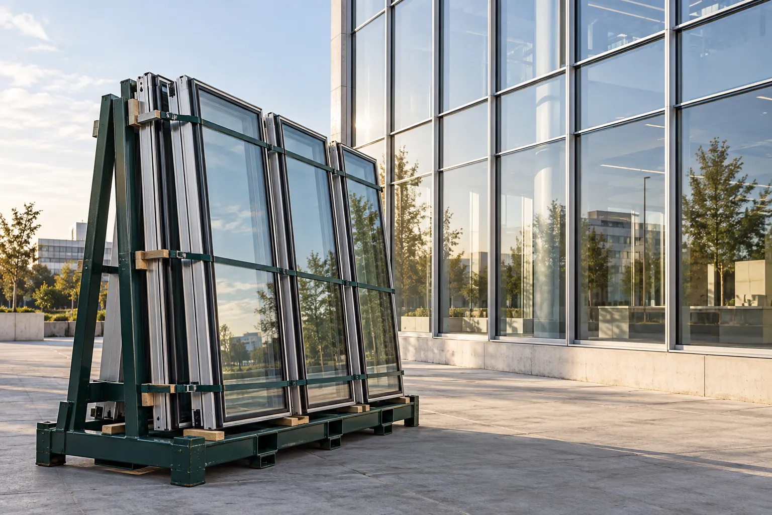 Delivered glazing racks beside an installed facade