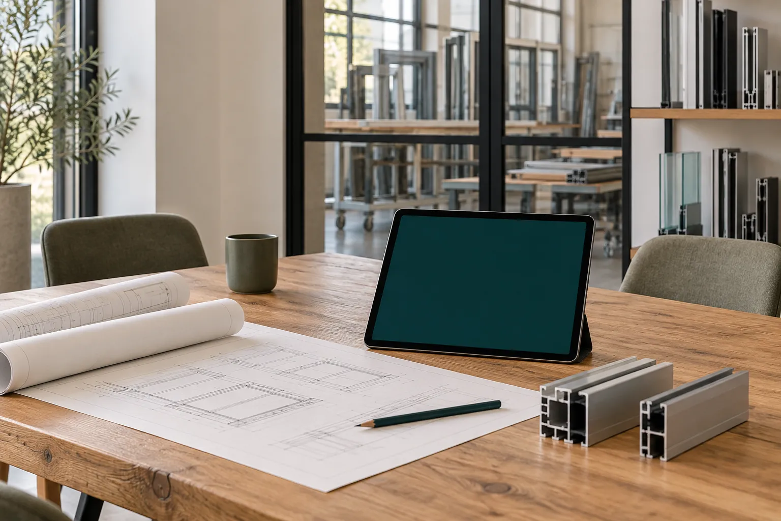 Training worktable with drawings, a tablet and profile samples