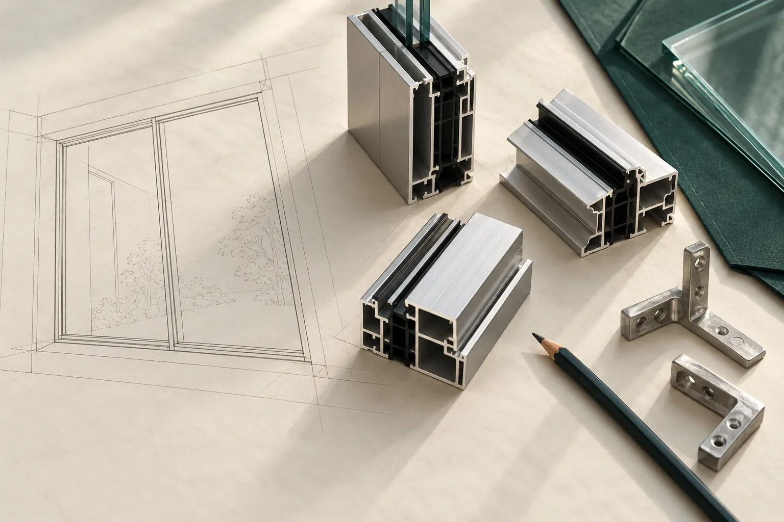 Drawing and aluminium profile components on a worktable