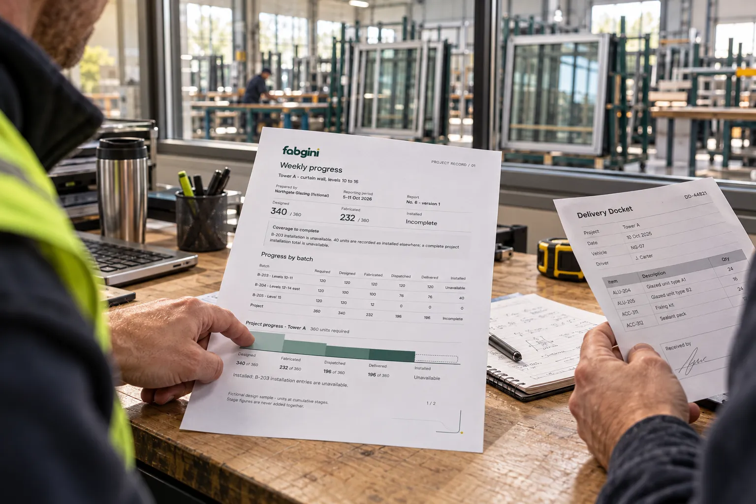 A project manager reviews a populated weekly progress report beside a delivery docket