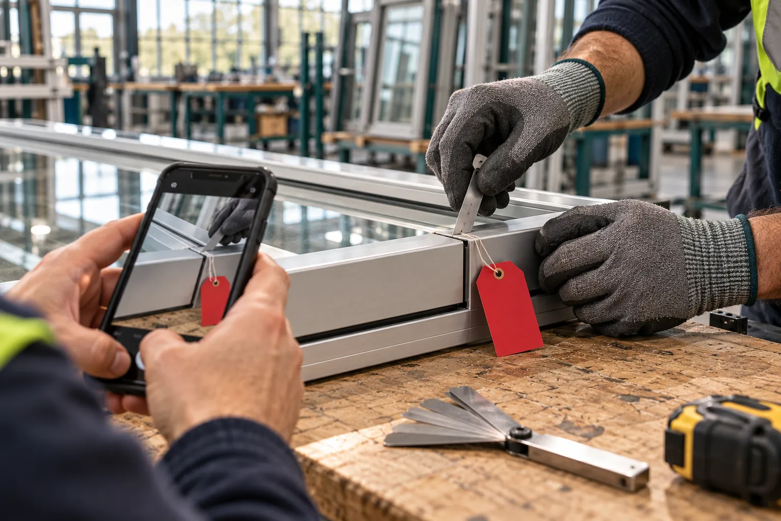 A technician measures a frame joint and photographs the defect beside a hold tag