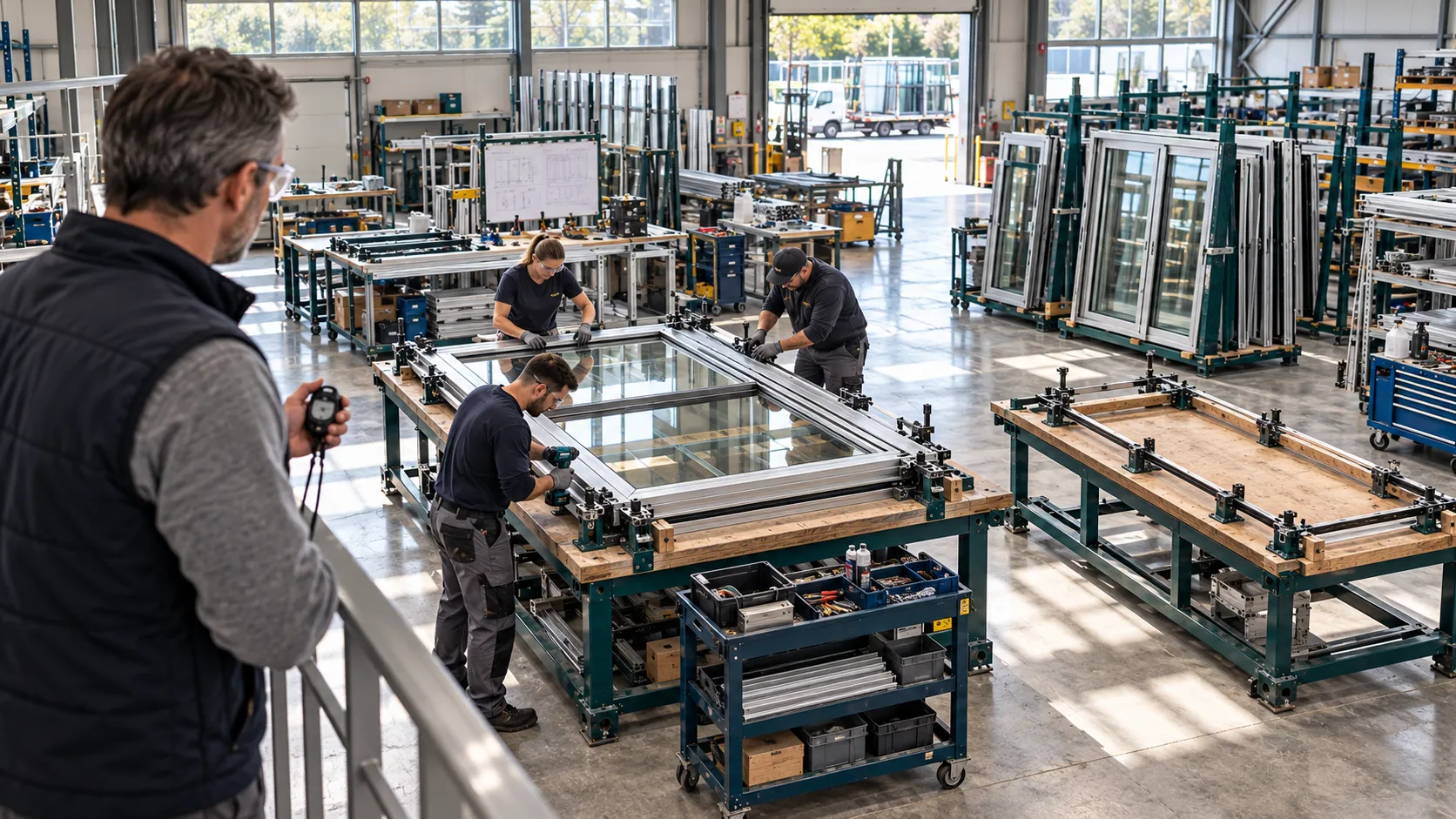 A supervisor reviews crew activity and an idle fixture beside the assembly work