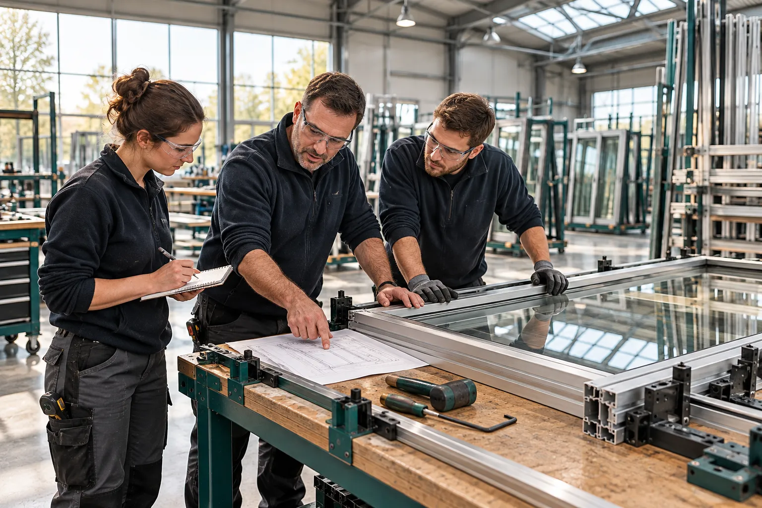 A trainer coaches fabrication leads using a frame and its production route sheet