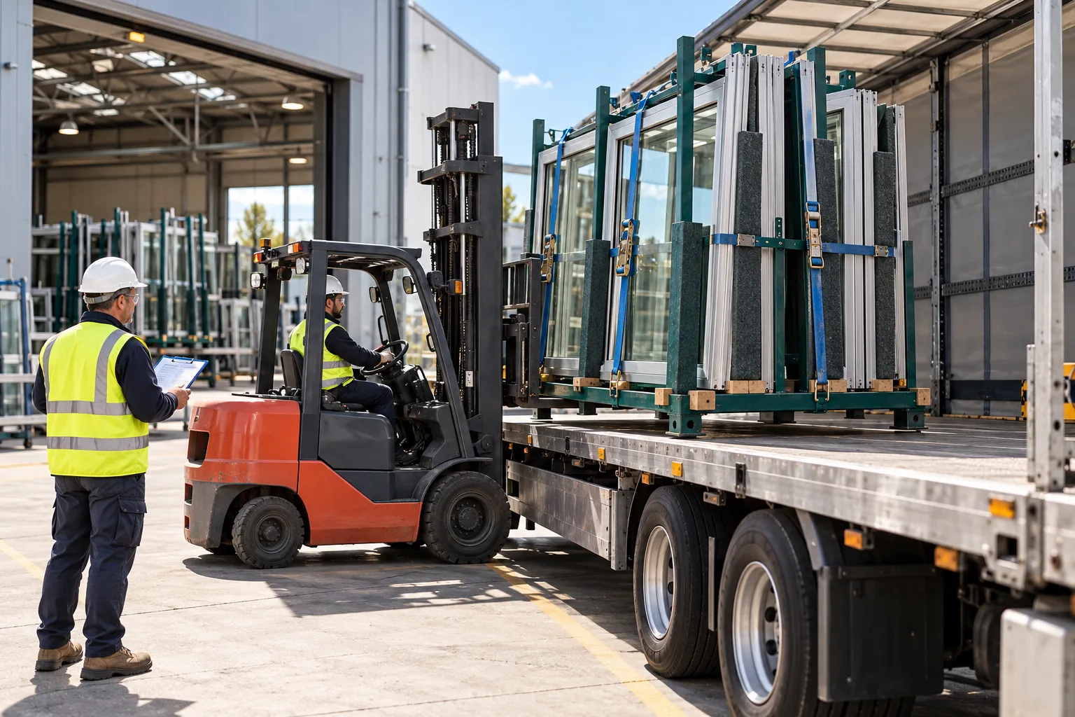 A secured glazing rack is loaded for dispatch while the lead checks the shipping record