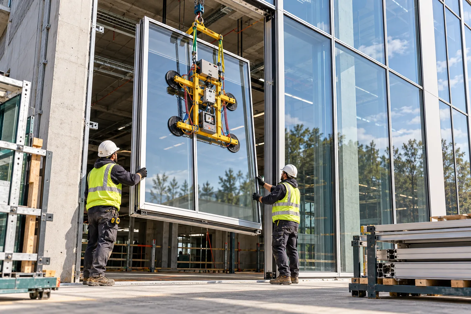 Installers guide a unitized curtain-wall panel into a ground-floor facade bay
