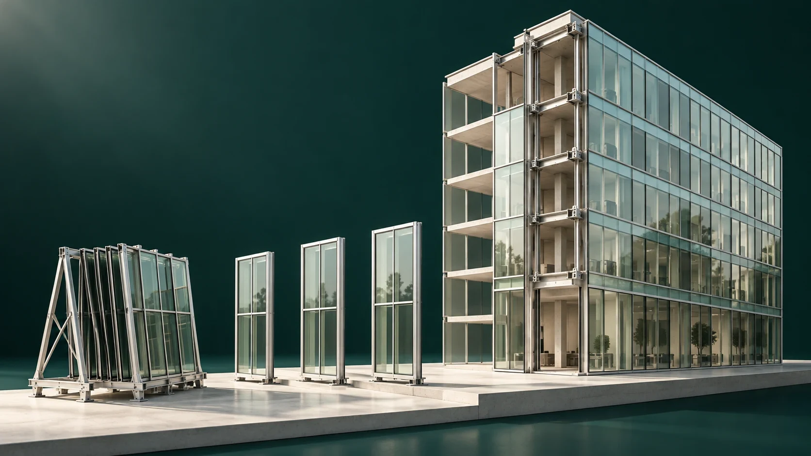 Architectural model: glazed aluminium panels move from a transport rack into a curtain-wall facade