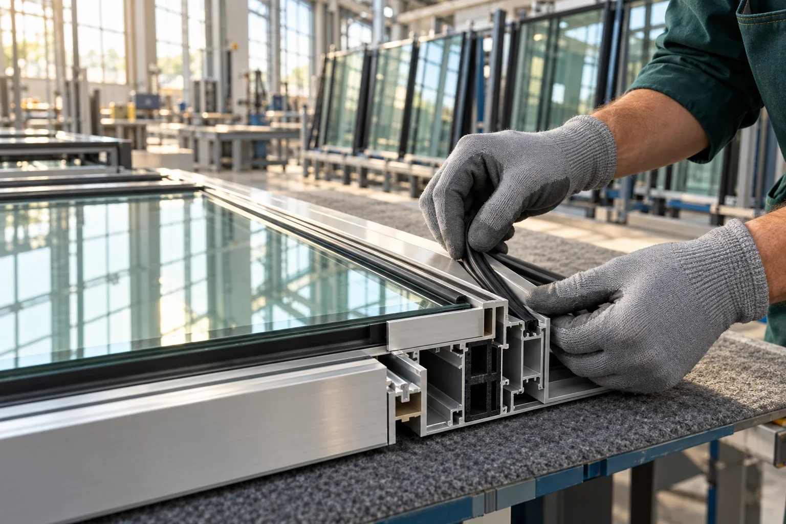 Gloved hands fit a gasket into a thermally broken aluminium glazing frame